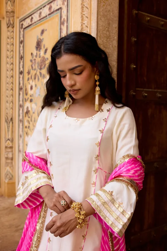 Off-White Chanderi Kali Kurta Set with Pink Leheriya Georgette salwar