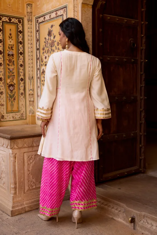 Off-White Chanderi Kali Kurta Set with Pink Leheriya Georgette salwar