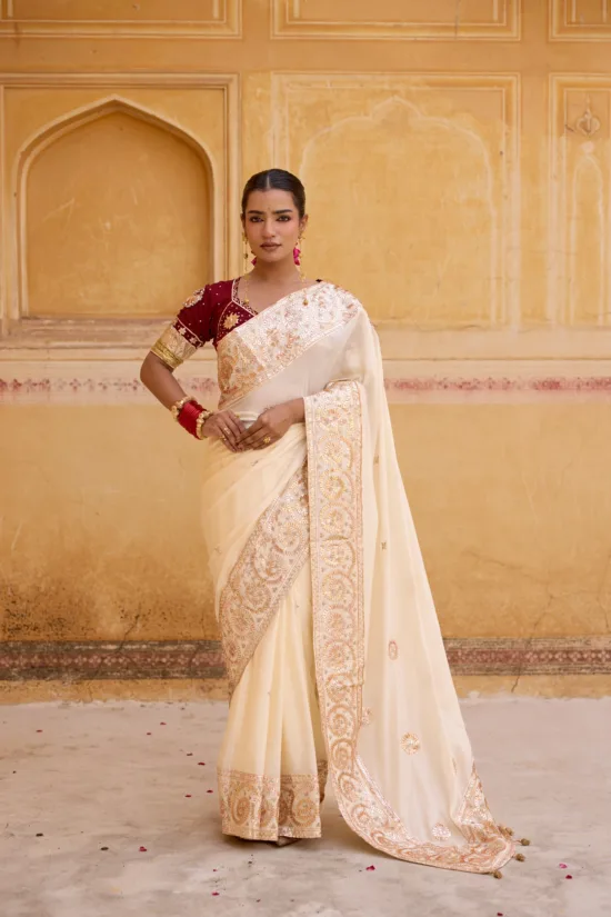 Off-White Kaccha Gota Saree