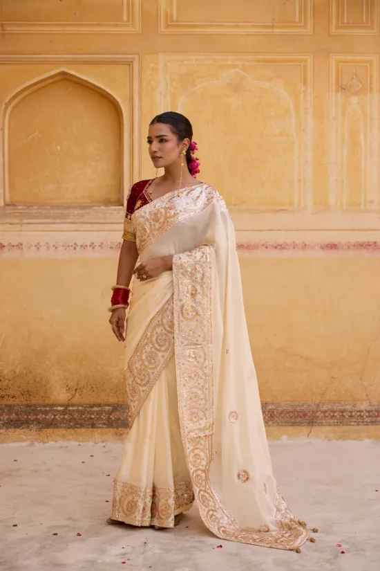 Off-White Kaccha Gota Saree