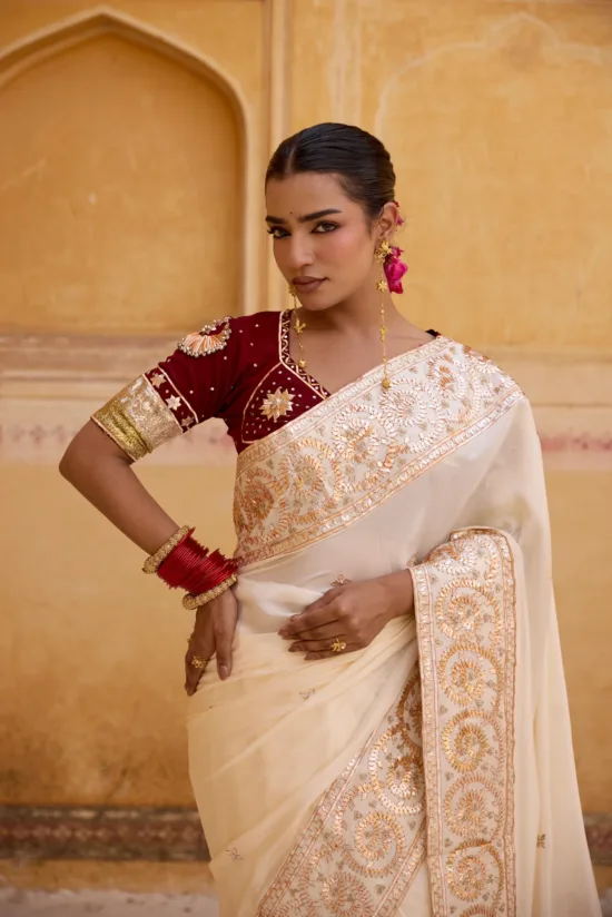 Off-White Kaccha Gota Saree