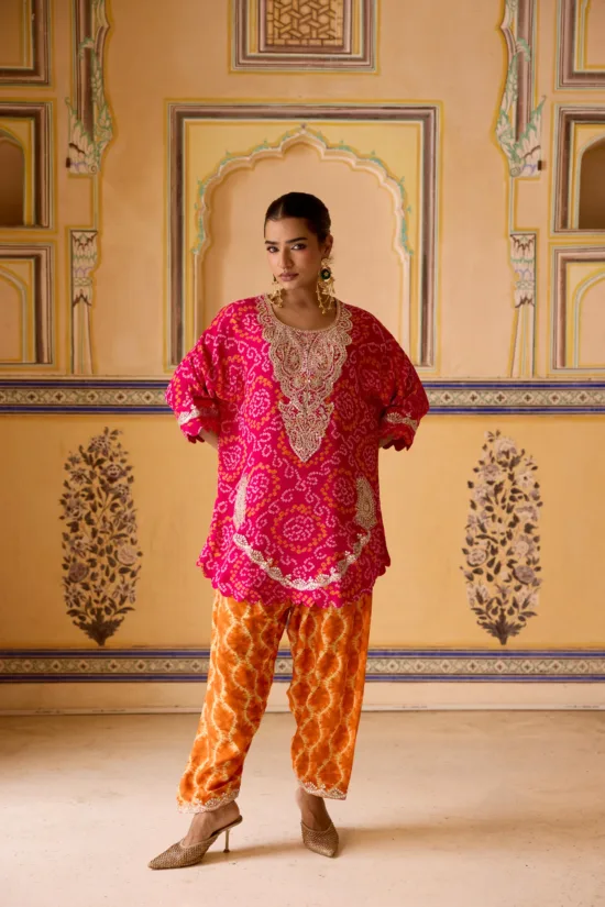 Pink Bandhani Kimono Set