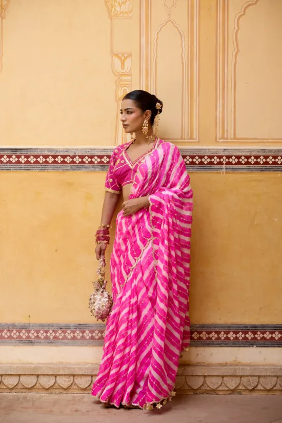 Pink Georgette Leheriya Saree
