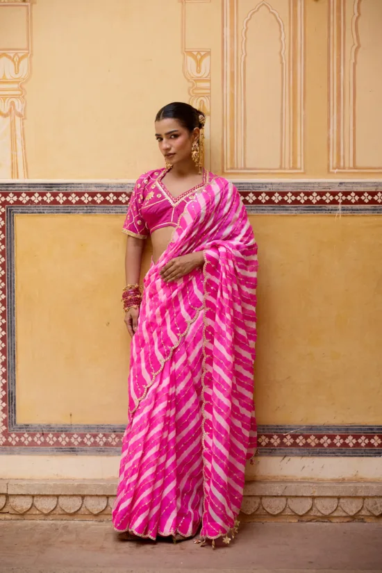 Pink Georgette Leheriya Saree