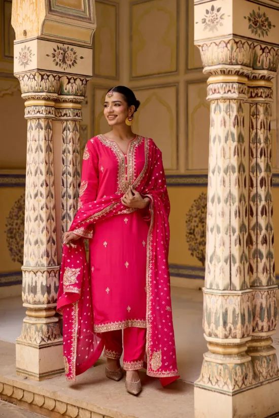 Pink crape suit with bandhni duppta