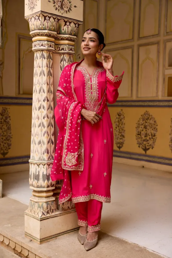 Pink crape suit with bandhni duppta