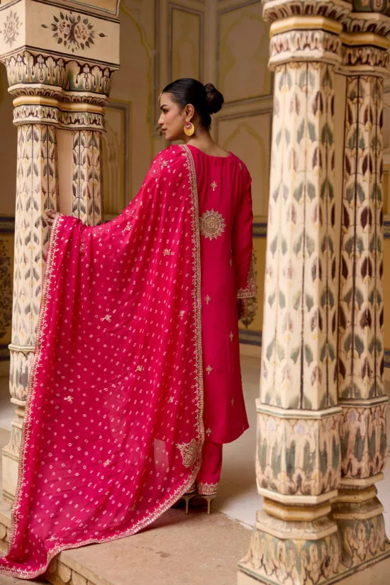 Pink crape suit with bandhni duppta
