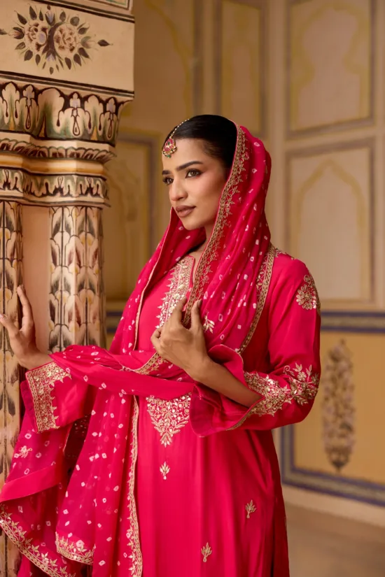 Pink crape suit with bandhni duppta