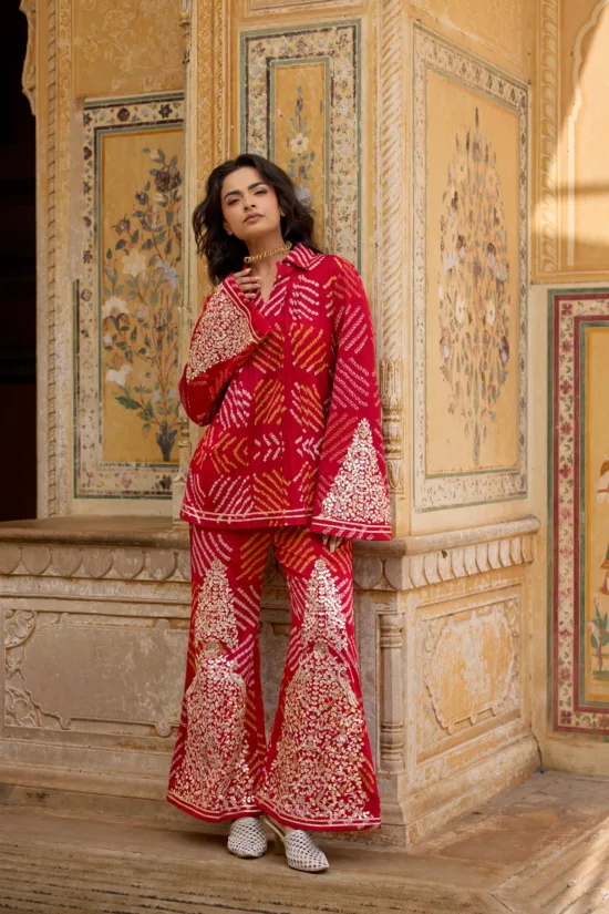 Red Georgette Bandhej Hand-Embroidered Co-Ord Set