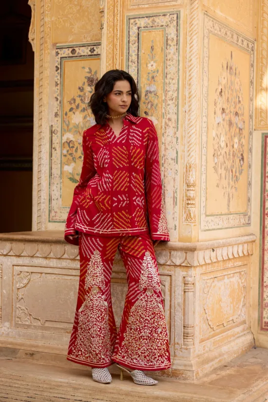 Red Georgette Bandhej Hand-Embroidered Co-Ord Set