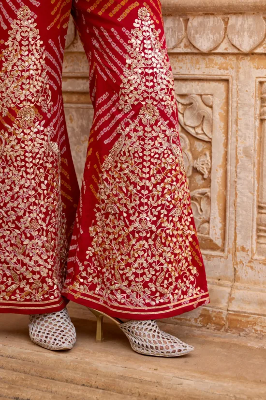 Red Georgette Bandhej Hand-Embroidered Co-Ord Set