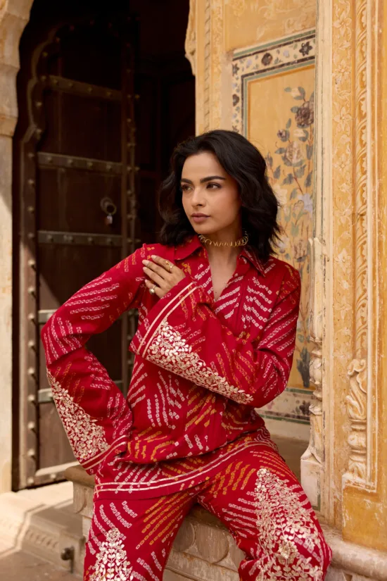 Red Georgette Bandhej Hand-Embroidered Co-Ord Set