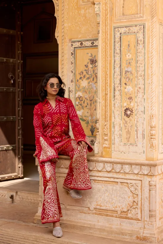 Red Georgette Bandhej Hand-Embroidered Co-Ord Set