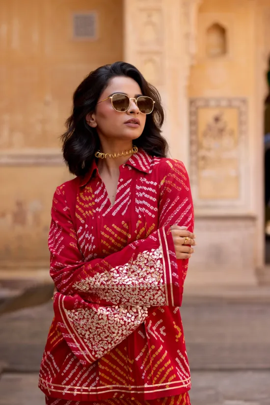 Red Georgette Bandhej Hand-Embroidered Co-Ord Set