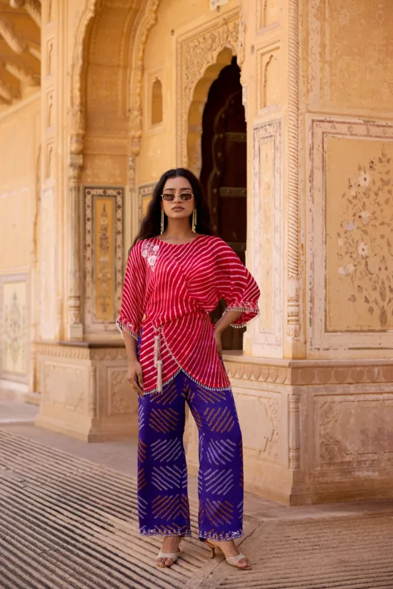 Red Leheriya Kimono Wrap Top & Purple Bandhani Pants Set