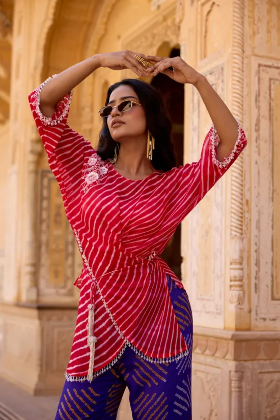 Red Leheriya Kimono Wrap Top & Purple Bandhani Pants Set