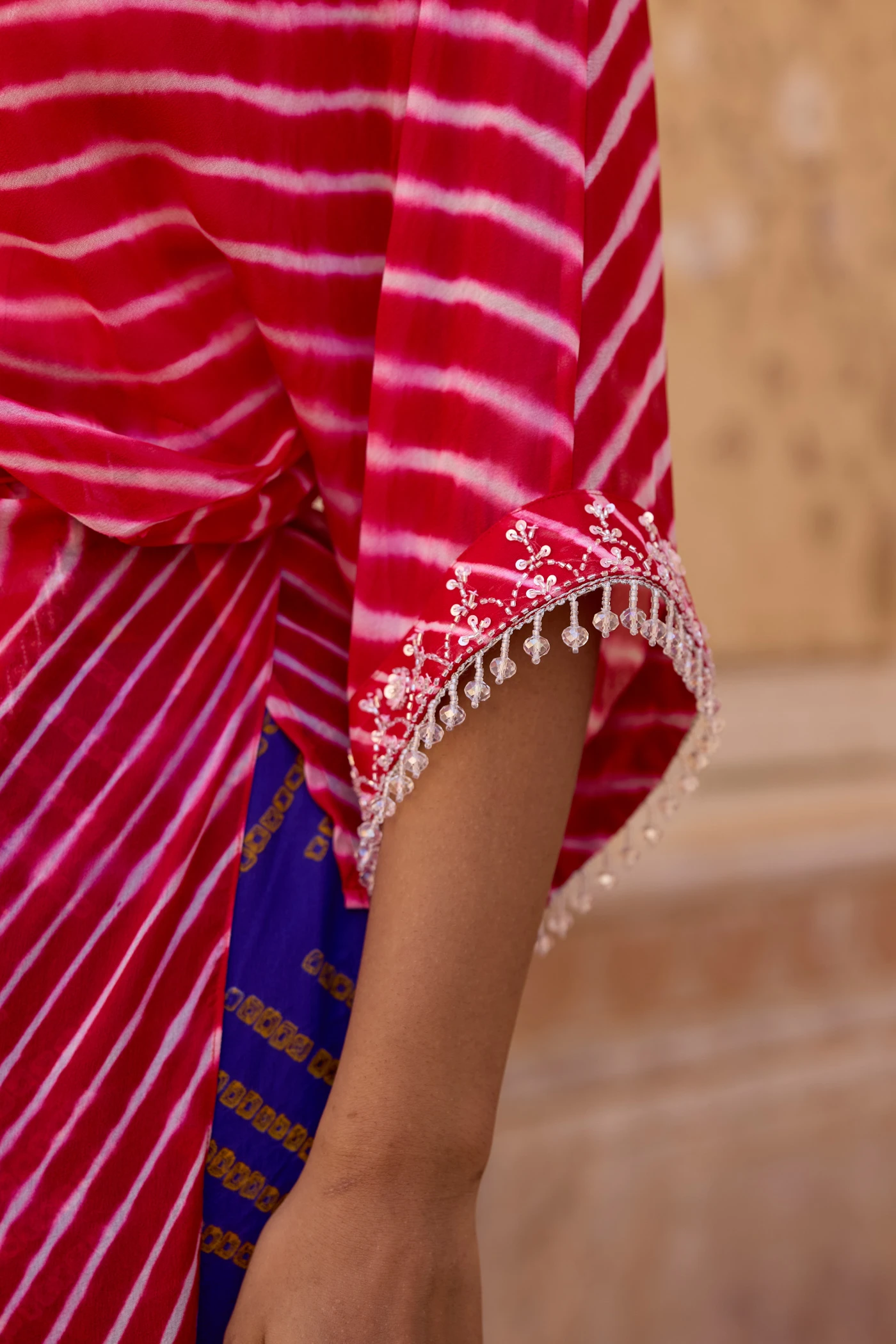 Red Leheriya Kimono Wrap Top & Purple Bandhani Pants Set
