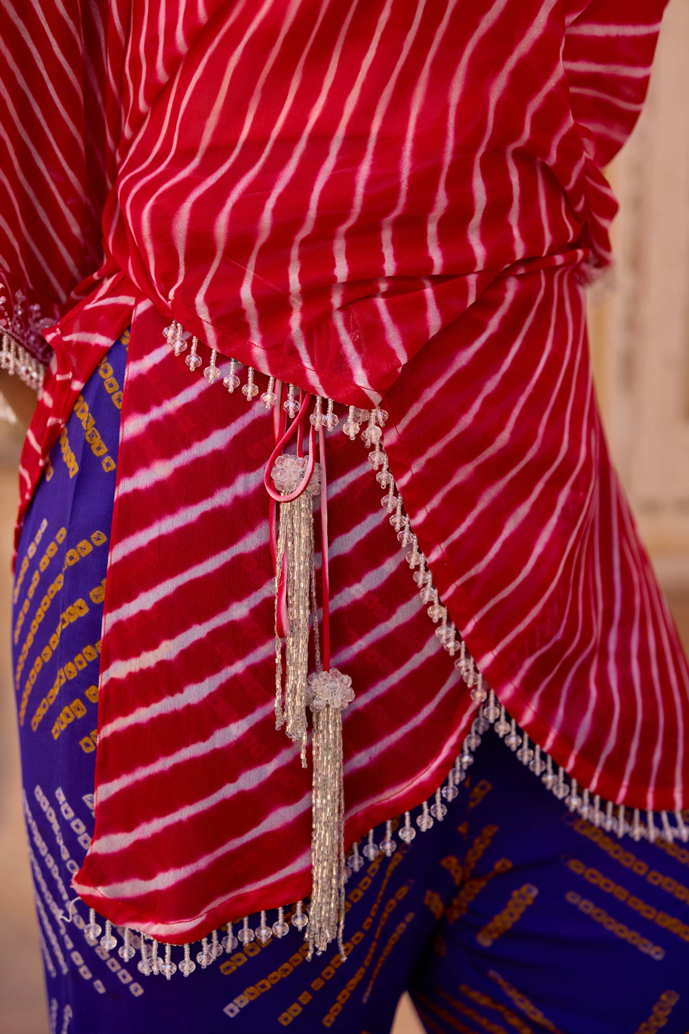 Red Leheriya Kimono Wrap Top & Purple Bandhani Pants Set