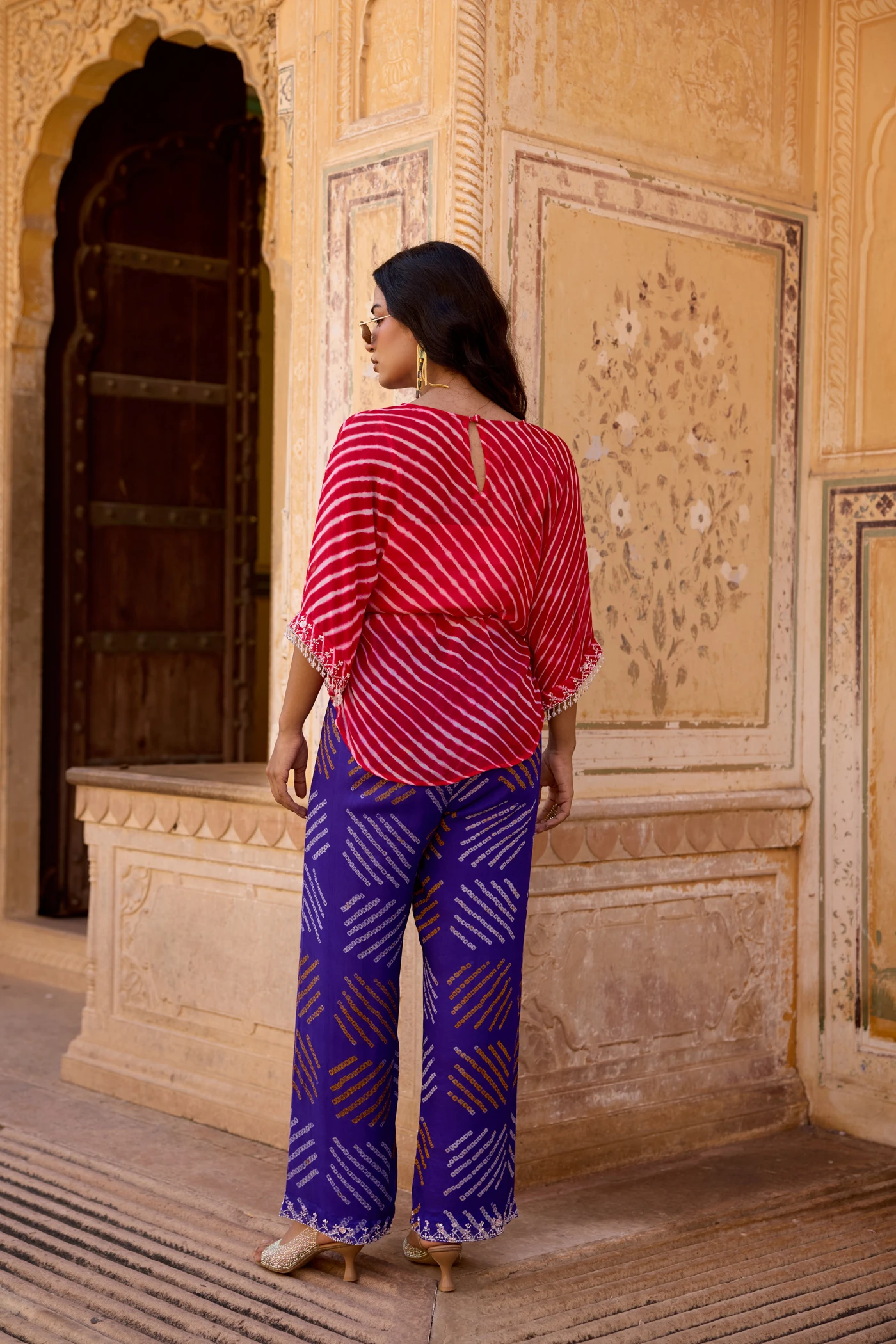 Red Leheriya Kimono Wrap Top & Purple Bandhani Pants Set