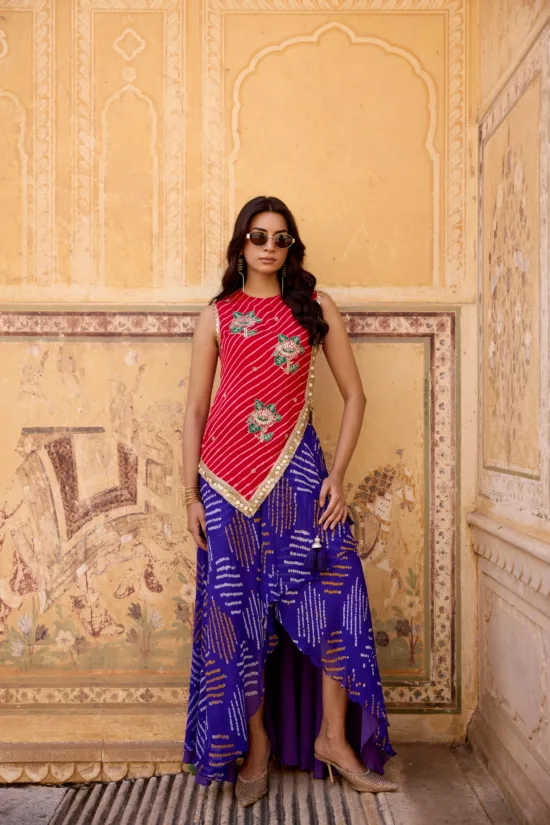 Red Leheriya Top & Purple Bandhani Wrap Skirt Set