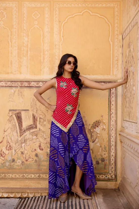 Red Leheriya Top & Purple Bandhani Wrap Skirt Set
