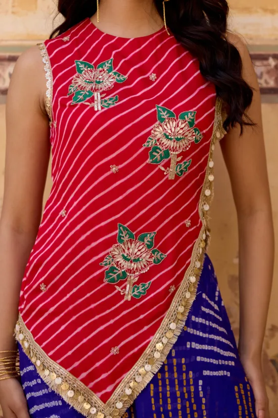Red Leheriya Top & Purple Bandhani Wrap Skirt Set