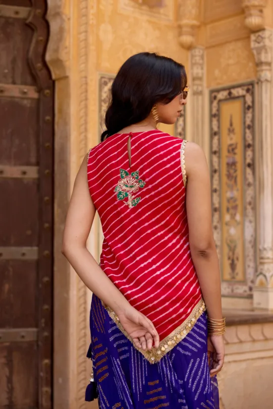 Red Leheriya Top & Purple Bandhani Wrap Skirt Set