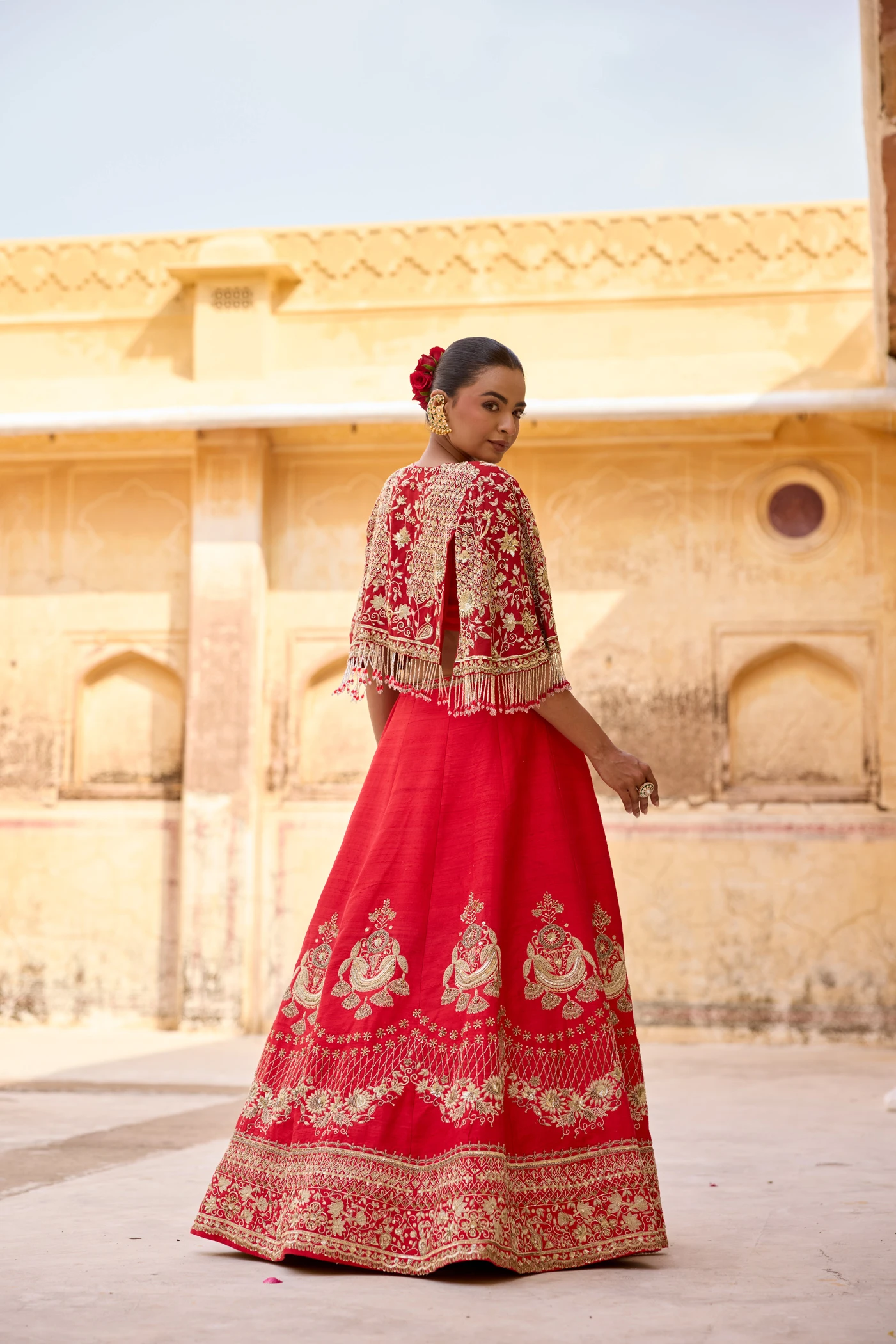 Red Raw Silk Jacket skirt Set