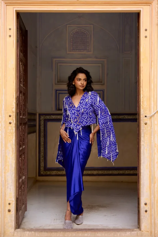 Royal Blue Georgette Bandhani Jacket & Draped Skirt Set