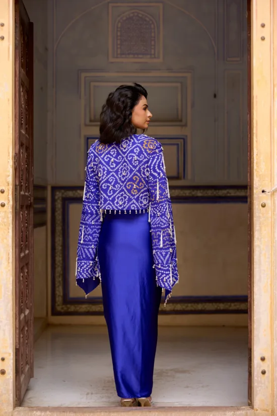 Royal Blue Georgette Bandhani Jacket & Draped Skirt Set