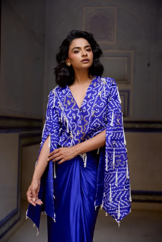 Royal Blue Georgette Bandhani Jacket & Draped Skirt Set