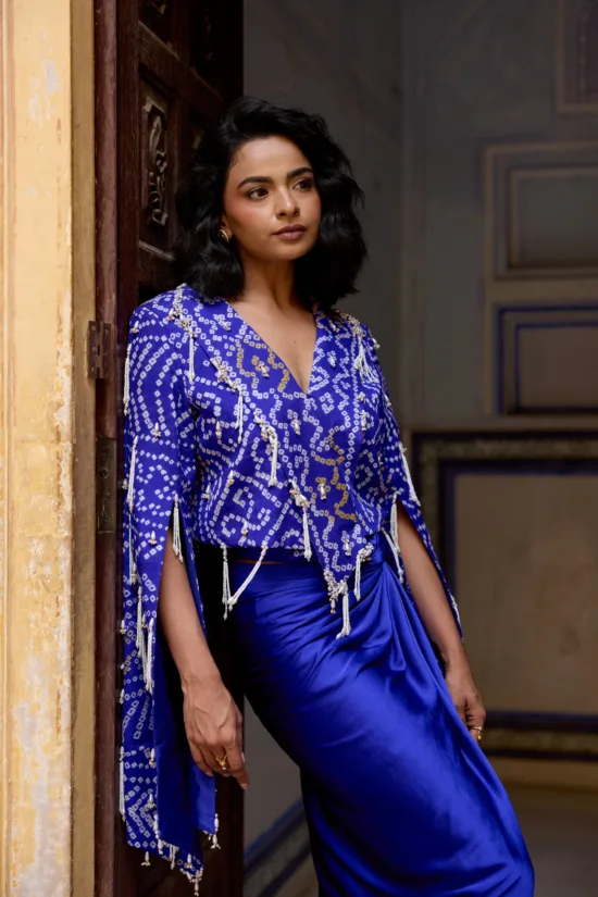 Royal Blue Georgette Bandhani Jacket & Draped Skirt Set