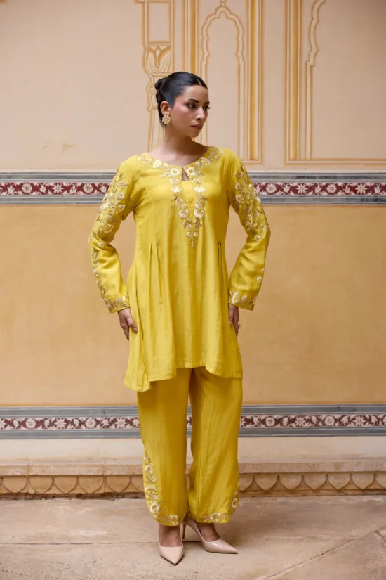 Yellow Pure Chanderi Flared Kurta Set