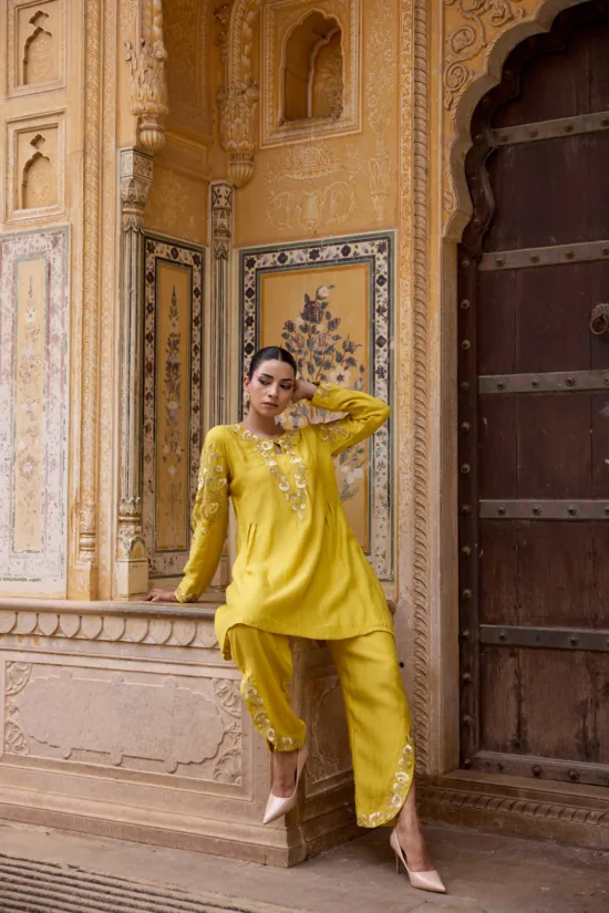 Yellow Pure Chanderi Flared Kurta Set