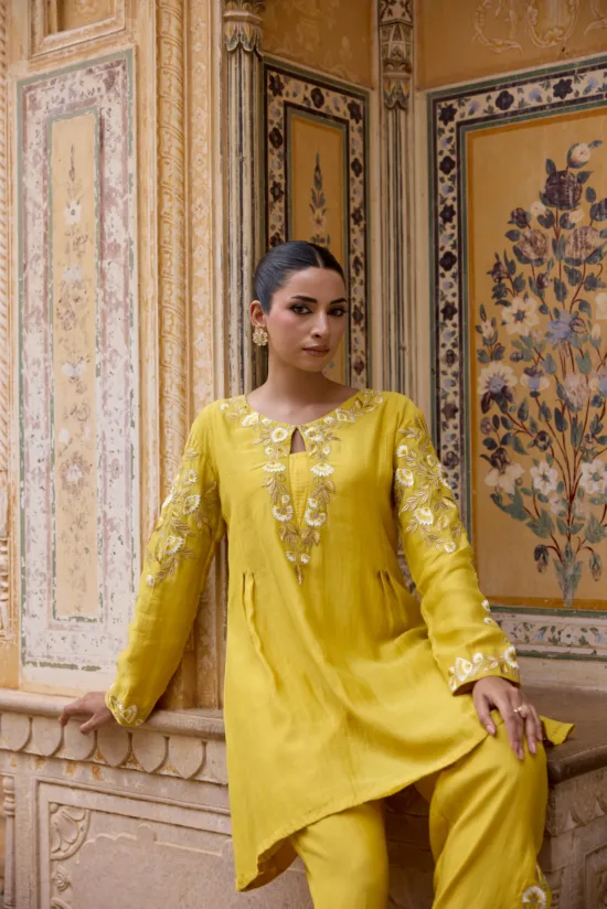 Yellow Pure Chanderi Flared Kurta Set