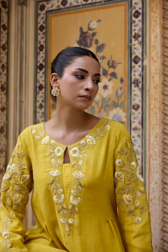 Yellow Pure Chanderi Flared Kurta Set
