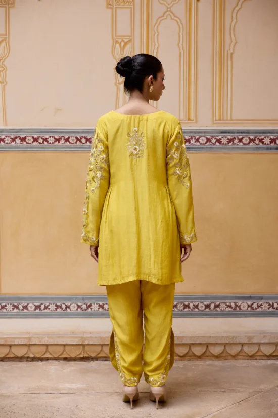 Yellow Pure Chanderi Flared Kurta Set