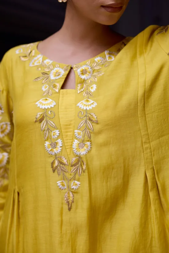 Yellow Pure Chanderi Flared Kurta Set